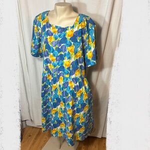 Capacity Knits women’s cotton large dress blue yellow tulip flowers vintage 90s